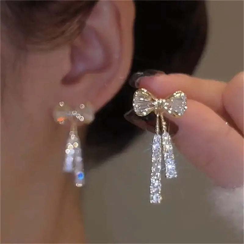 Shiny Bowknot Crystal Drop Earrings For Women Luxury Sparkling Cubic Zirconia Long Tassel Earrings