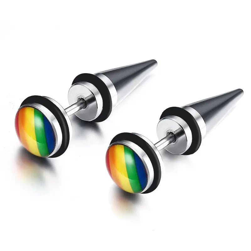 1pair Cool And Handsome Titanium Steel Earrings With Rainbow Color Design For Men