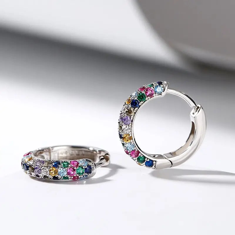 Luxurious Women's Zircon Colorful Mini Round Silver Plate Fashion Hoop Earrings - A Must-Have Jewelry
