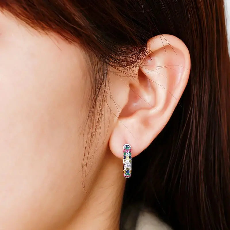 Luxurious Women's Zircon Colorful Mini Round Silver Plate Fashion Hoop Earrings - A Must-Have Jewelry