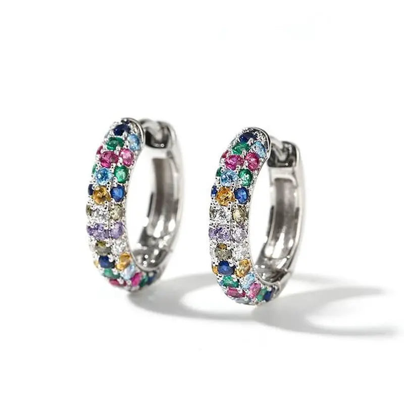 Luxurious Women's Zircon Colorful Mini Round Silver Plate Fashion Hoop Earrings - A Must-Have Jewelry
