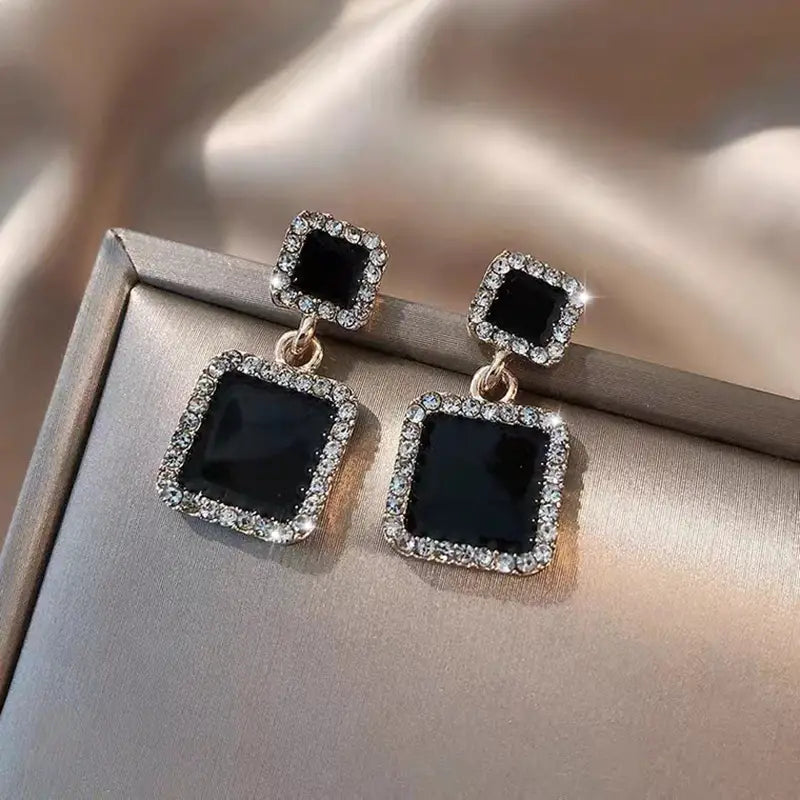 Black Square Stone Stud Earrings