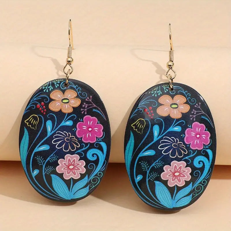 Oval Butterfly Tropical Flower Dangle Hook Earrings