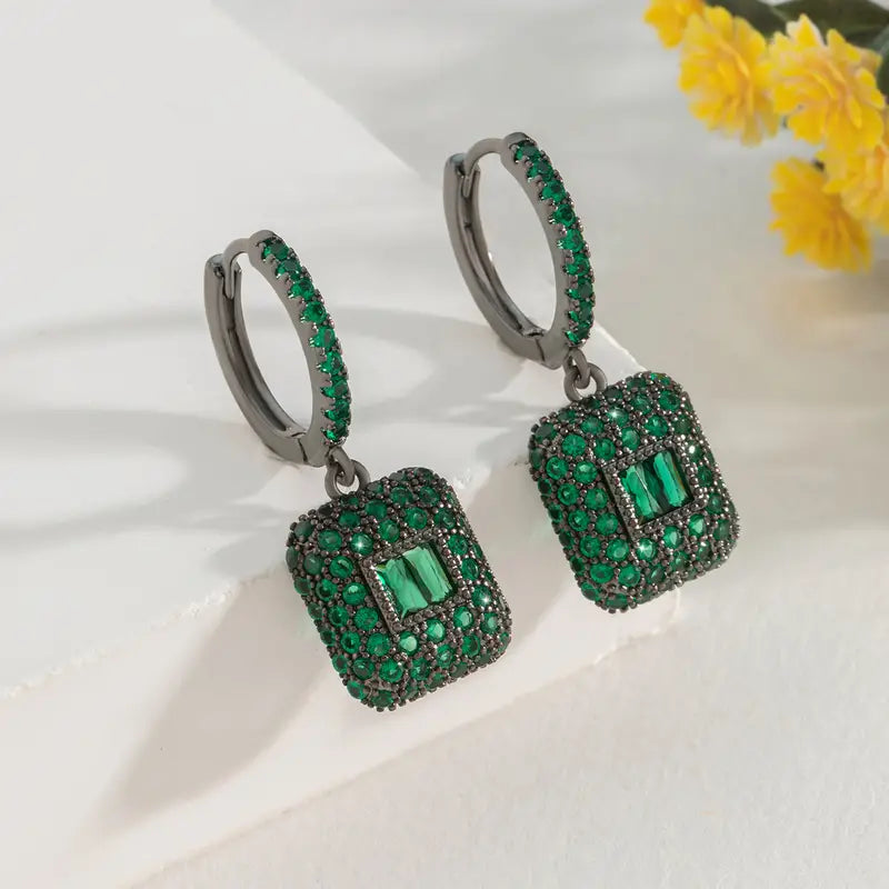 1 Pair Of Emerald Copper Zircon Square Earring  Charm Pendants