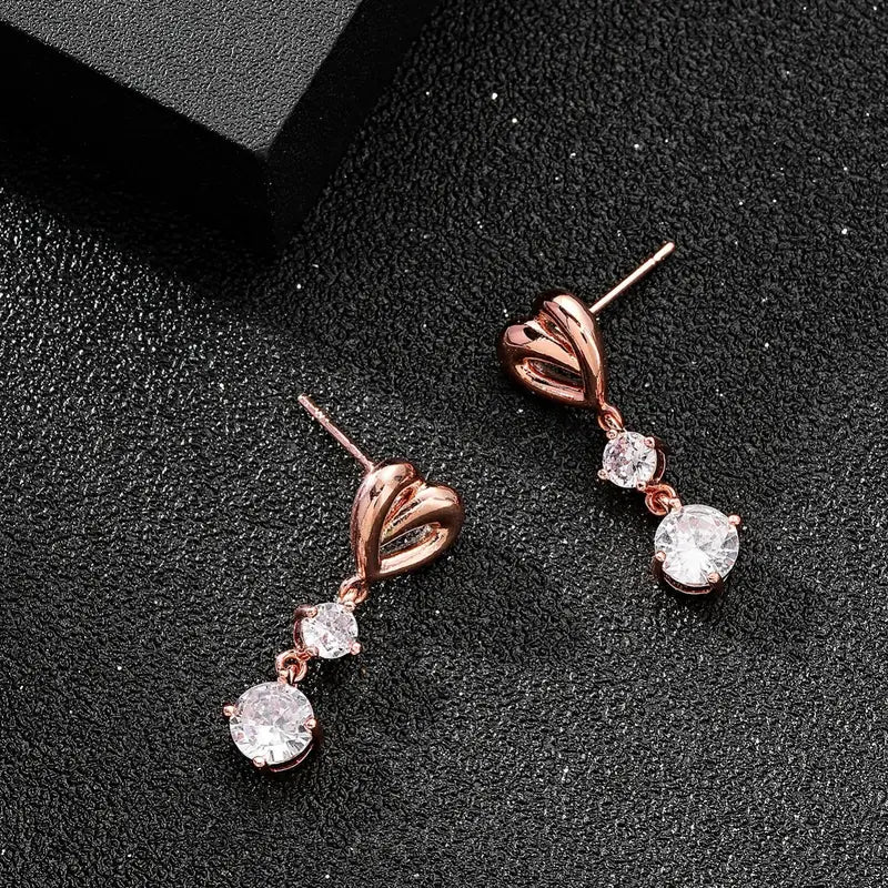 Pair Of White Zircon LOVE Heart-shaped Earrings Charm And Pendants In 18K Rose Gold Plated