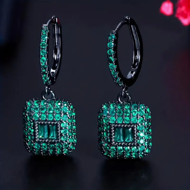 1 Pair Of Emerald Copper Zircon Square Earring  Charm Pendants