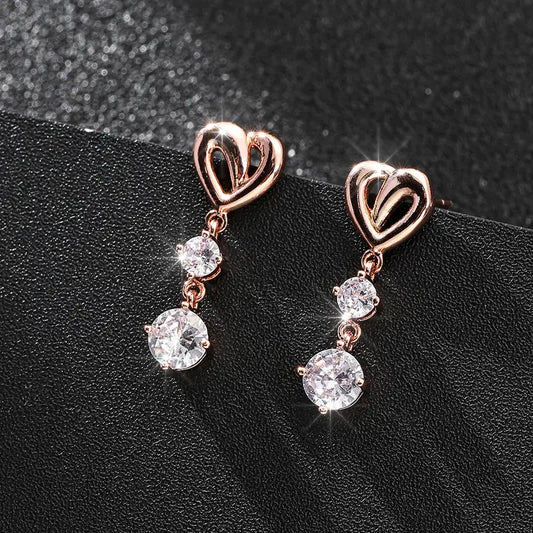 Pair Of White Zircon LOVE Heart-shaped Earrings Charm And Pendants In 18K Rose Gold Plated