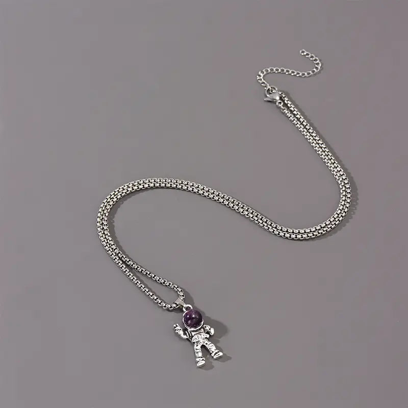 Natural Raw Stone Astronaut Shaped Charm Stainless Steel Necklace