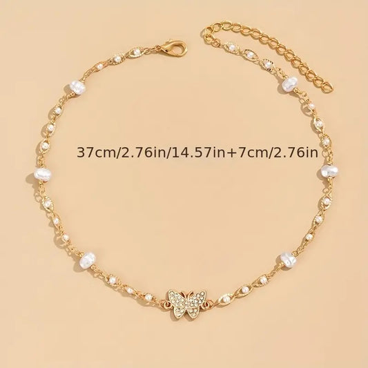 Faux Pearls Butterfly Choker Necklace