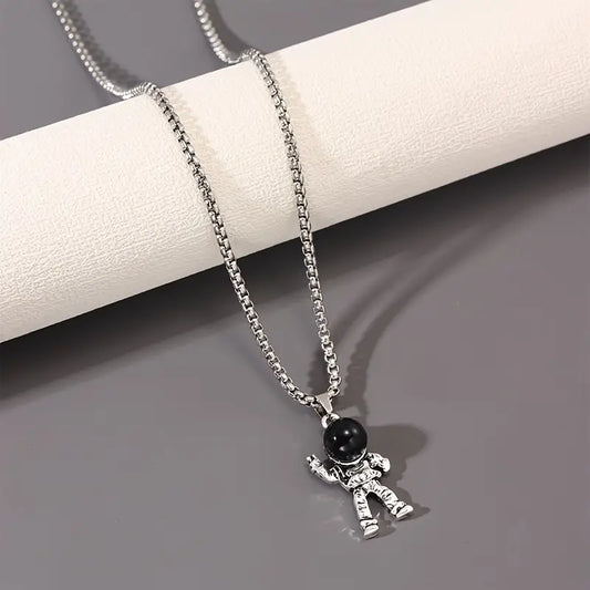 Natural Raw Stone Astronaut Shaped Charm Stainless Steel Necklace